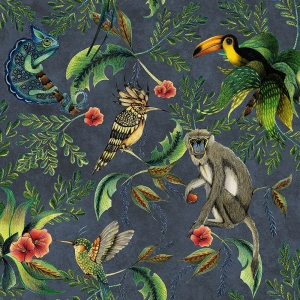 Luxury non-woven wallpaper EE22535, Monkeys, toucans, tropical forest, Essentials, Decoprint