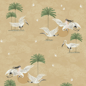 Ocher romantic non-woven wallpaper, birds, palm trees 6501-4, Batabasta, ICH Wallcoverings