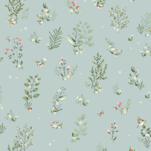 Turquoise wallpaper with plants and birds, 973-2, Mika, ICH Wallcoverings