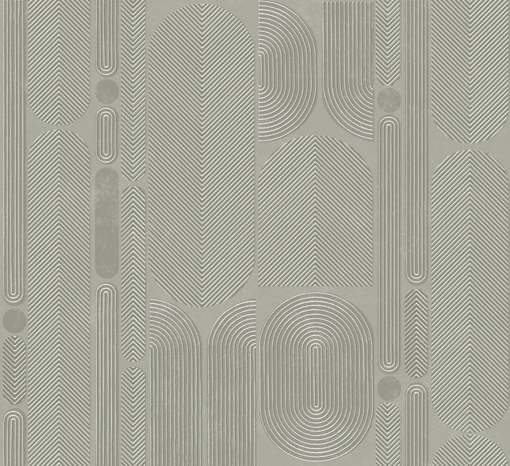 Geometric non-woven wallpaper, gray-green, ovals, ROC205, Rock, Masureel